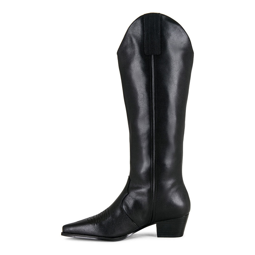 Faux Leather Embroidered Pointed Toe Mid-Calf Black Cowgirl Boots