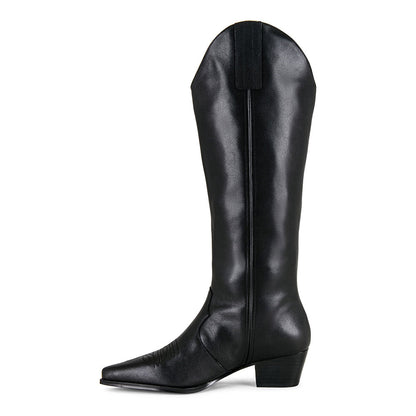 Faux Leather Embroidered Pointed Toe Mid-Calf Black Cowgirl Boots