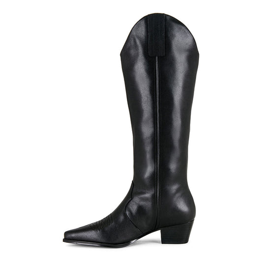 Faux Leather Embroidered Pointed Toe Mid-Calf Black Cowgirl Boots