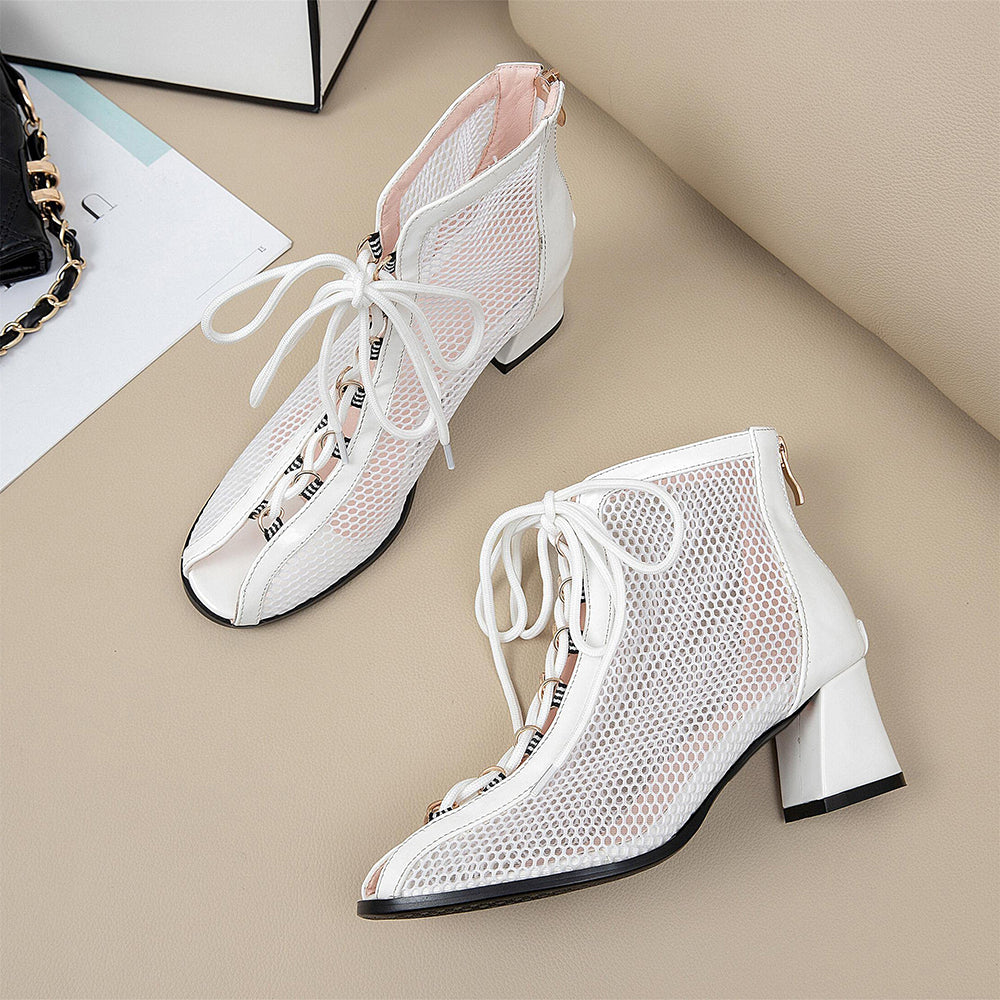 Fashion White Mesh Peep Toe Chunky Heel Lace Up Booties for Women