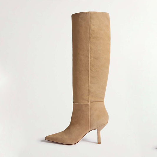 Beige Faux Suede Closed Toe Stiletto Heel Knee High Winter Boots