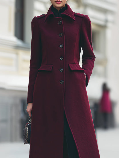 Elegant Tailored Wool Long Coat – Deep Burgundy Sophistication