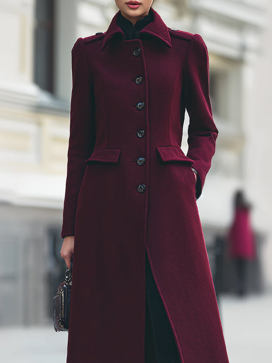 Elegant Tailored Wool Long Coat – Deep Burgundy Sophistication