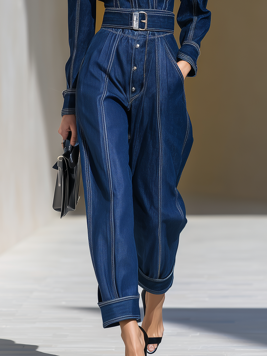 Fashion Retro Lapel Long-sleeved Denim Jumpsuit