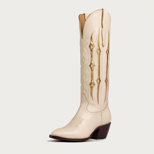 Beige Closed Toe Patchwork Embroidered Western Boots for Women