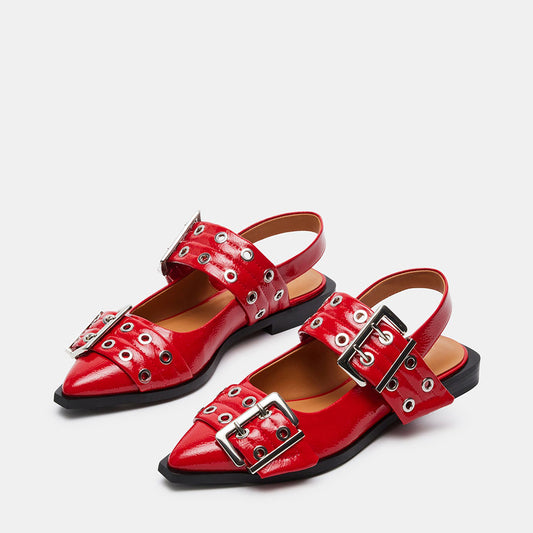 FSJ Red Pointed Toe Stylish Slingback Flats with Grommets Strap