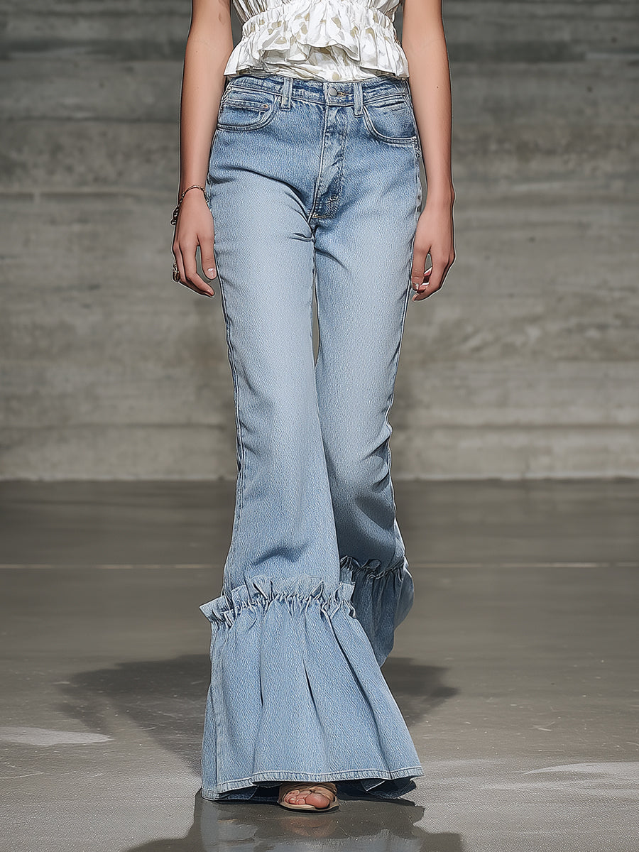 Elegant And Fashionable Ruffled Denim Flared Pants