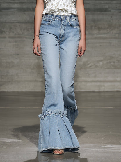 Elegant And Fashionable Ruffled Denim Flared Pants
