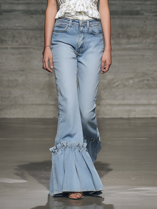 Elegant And Fashionable Ruffled Denim Flared Pants