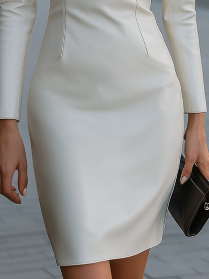 Elegant White Faux Leather V-Neck Sheath Dress