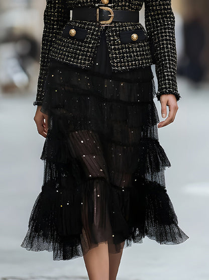 Elegant Weed Belted Jacket With Gold-Tone Buttons & Layered Tulle Skirt