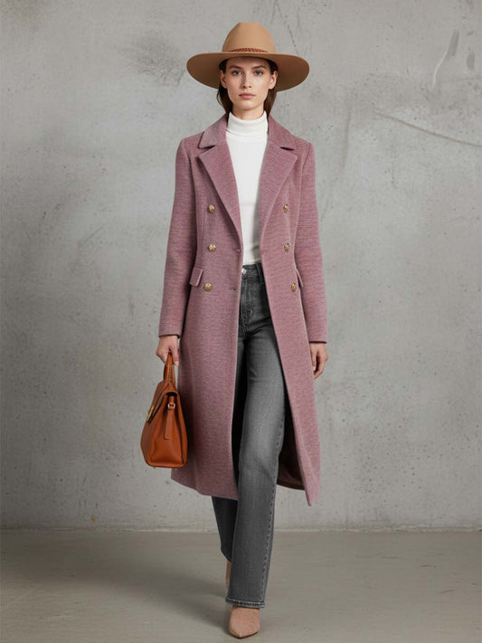 Elegant And Warm Double-breasted Pink Lapel Chenille Coat