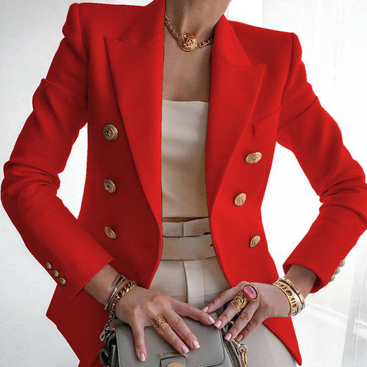 Formal Solid Double Breasted Long Sleeve Peaked Lapel Blazer