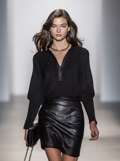 Glossy Black V-neck Button Sweater