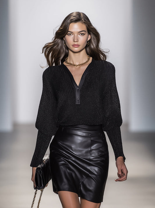 Glossy Black V-neck Button Sweater
