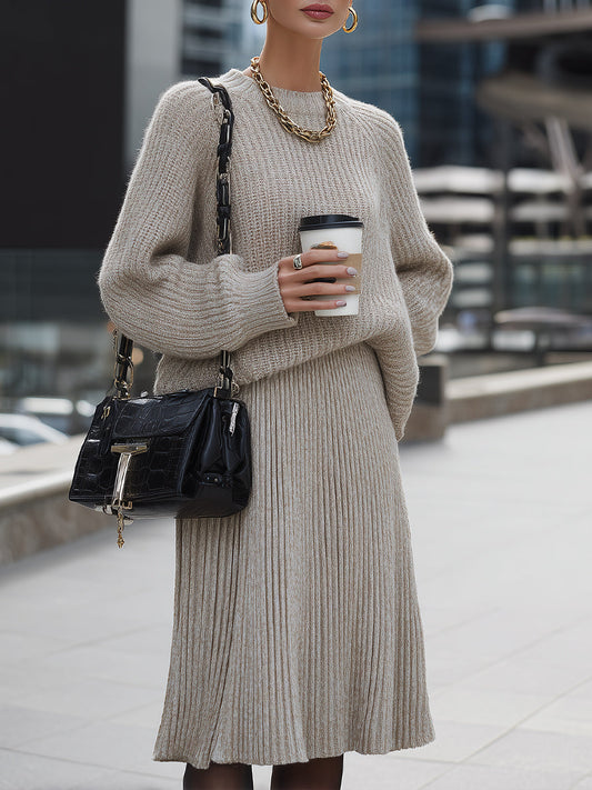 Beige Knit Sweater And Pleated Skirt Set