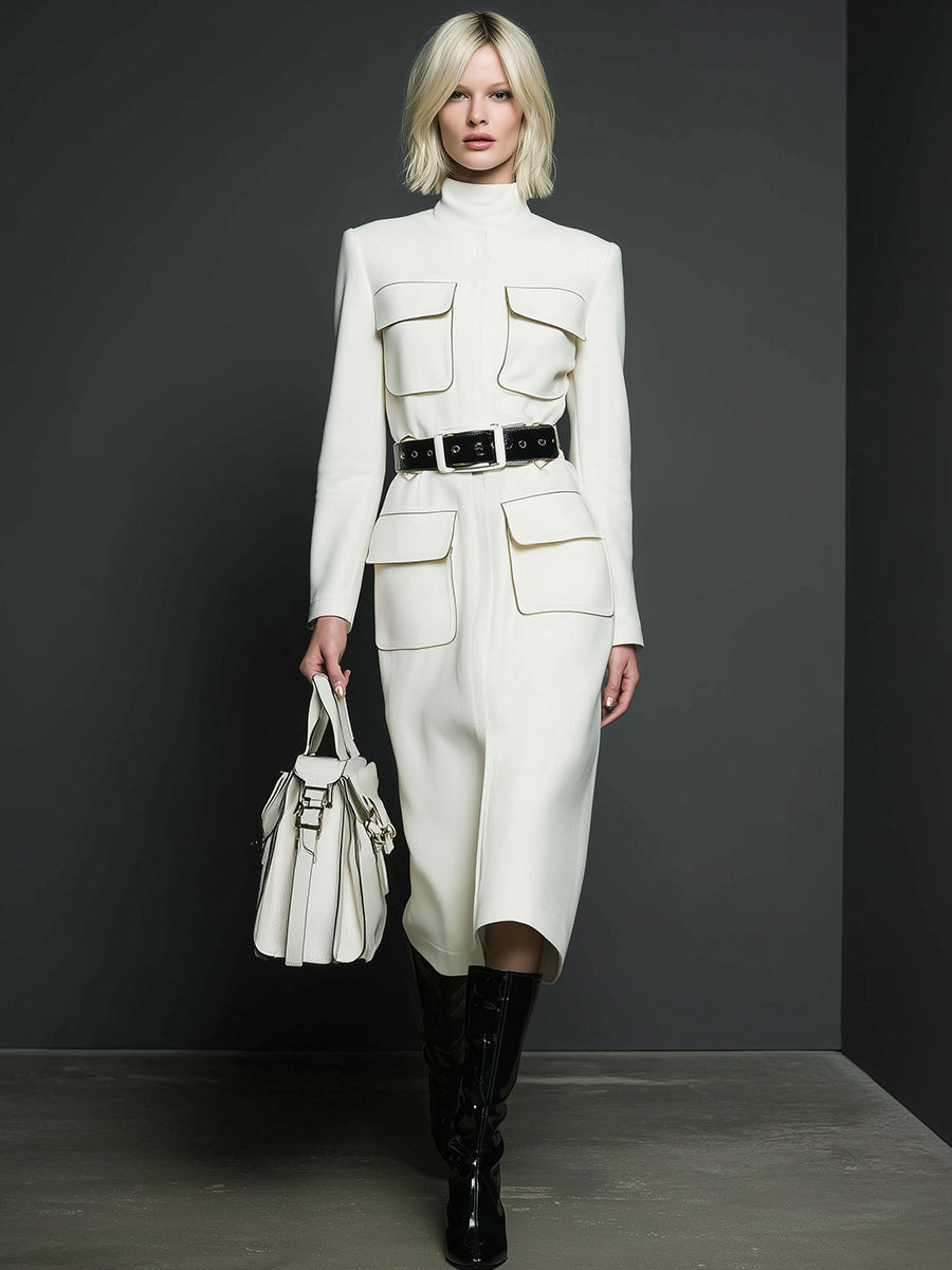 Elegant And Capable White High-neck Multi-pocket Midi Dress