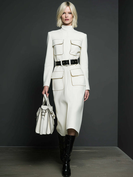 Elegant And Capable White High-neck Multi-pocket Midi Dress
