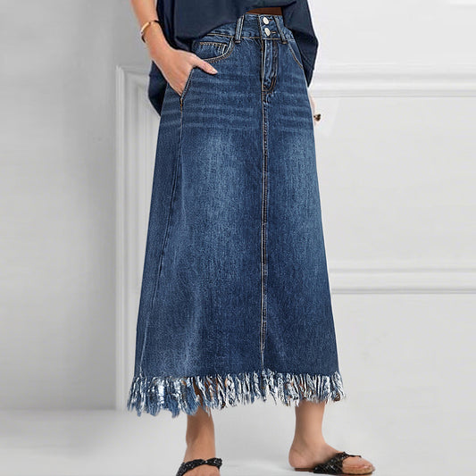 Denim High Rise Buttons Raw Edge Back Slit Midi Skirt