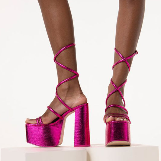 Fuchsia Embossed Open Toe Strappy High-Heel Sandals with Platform