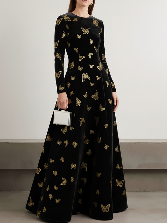 Elegant Round Neck Long-sleeved Gilded Butterfly Velvet Dress