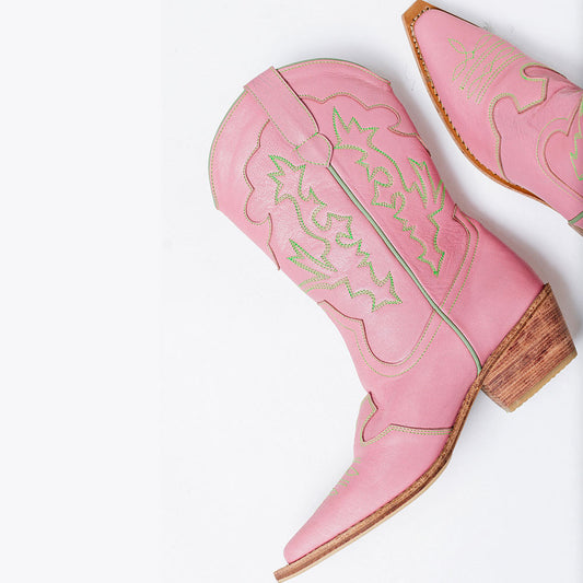 Embroidered Block Heel Snip Toe Pink Cowgirl Boots for Women