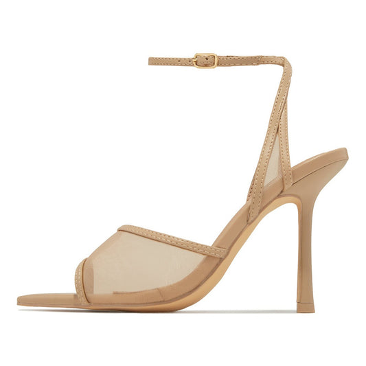 Elegant Nude Mesh Open Toe Buckled Ankle Strap High Heels Sandals