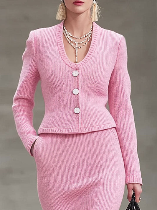 Elegant V-neck Knitted Cardigan And Skirt Set