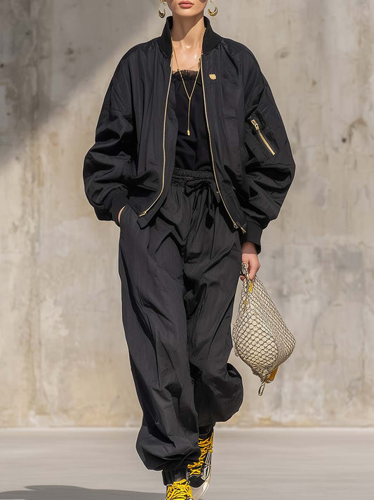 Exquisite Fashion Sports Black Nylon Baseball Jacket And Pants Set