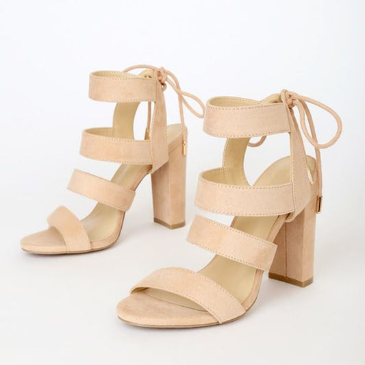 Beige Faux Suede Open Toe 4'' Chunky Heel Strappy Sandals