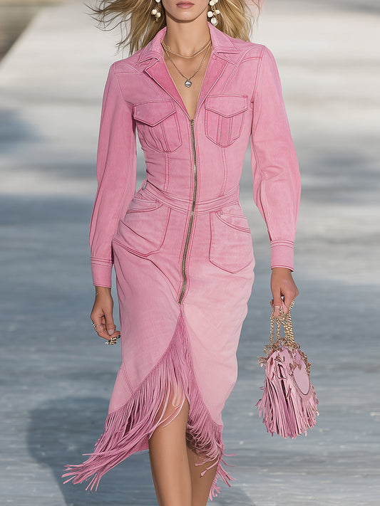 Elegant And Fashionable Light Pink Denim Zipper Tassel Midi Dress