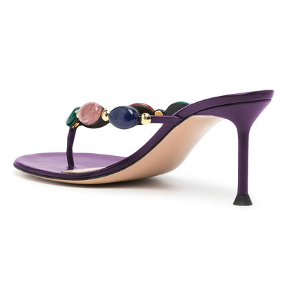 Dark Purple Round Toe High Heels Sandals with Colorful Jewels