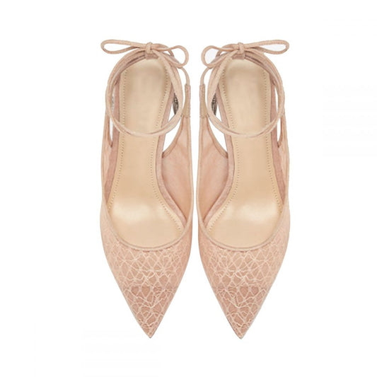 Elegant Nude Lace Pointed Toe Wrap Strap Pumps Heels with Tassels