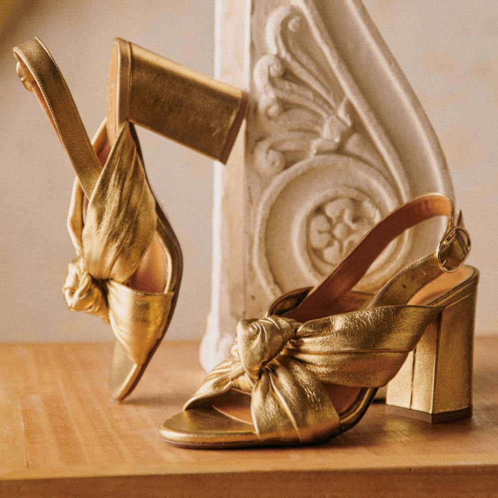 Gold  Opened Toe Knot Designed Slingback Sandals With Chunky Heels