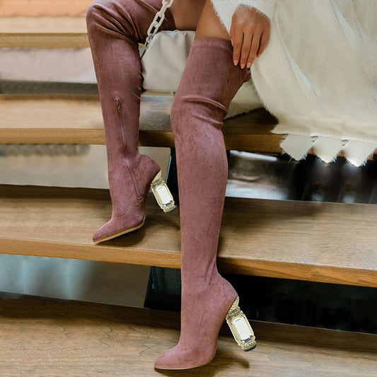 Dusty Rose Vegan Suede Pointed Toe Decorative Heel Thigh High Boots