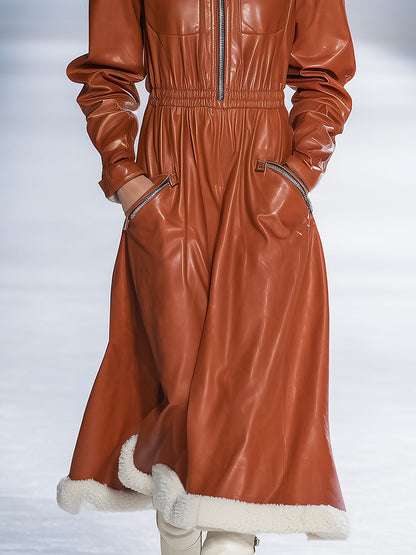 Fashionable Warm Orange Brown Faux Leather Plush Trim Maxi Dress