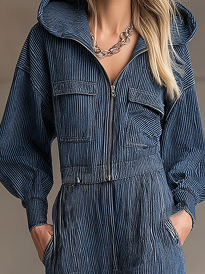Fashionable Casual Blue Striped Denim Long-sleeved Wide-leg Jumpsuit
