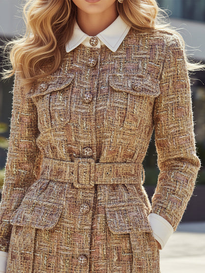Elegant Vintage Gold Tweed Midi Dress