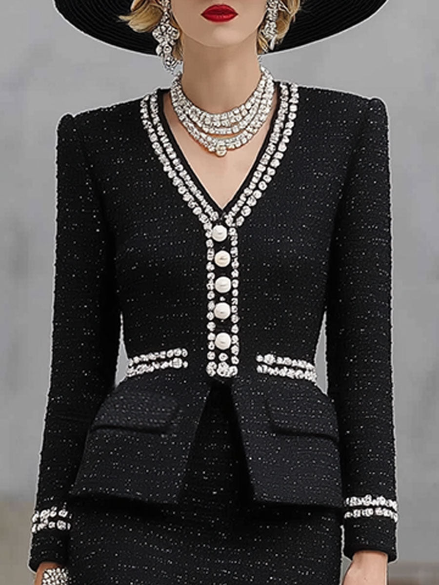 Elegant Black Tweed Top And Skirt Set
