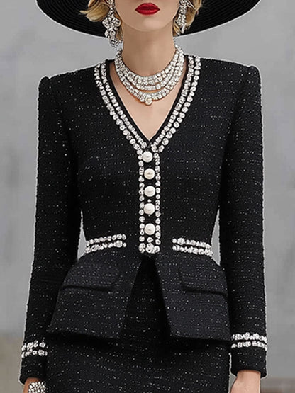 Elegant Black Tweed Top And Skirt Set
