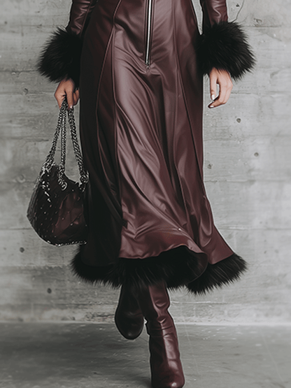 Elegant Burgundy Leather And Fur Trim Maxi Dress