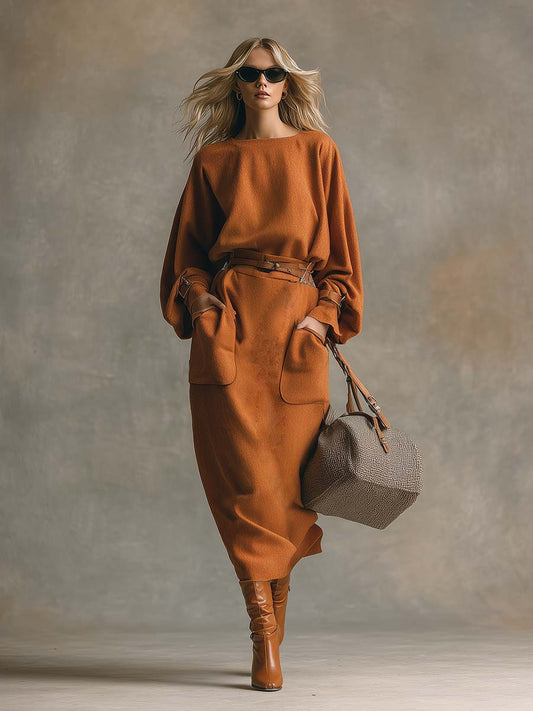 Elegant Loose Orange Round Neck Pocket Woolen Maxi Dress