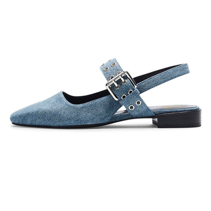 Denim Blue Square Toe Studded Slingback Low Heel Pumps for Women