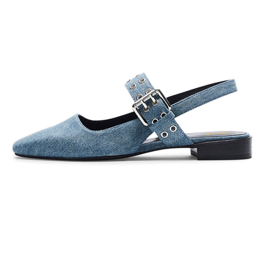 Denim Blue Square Toe Studded Slingback Low Heel Pumps for Women