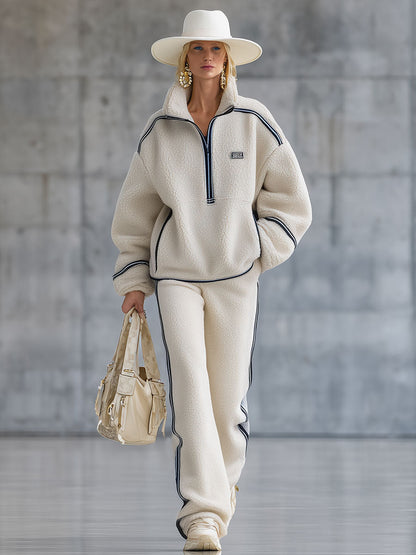 Fashion Retro Blue Trim Beige Polar Fleece Zipper Sweatshirt Pants Set