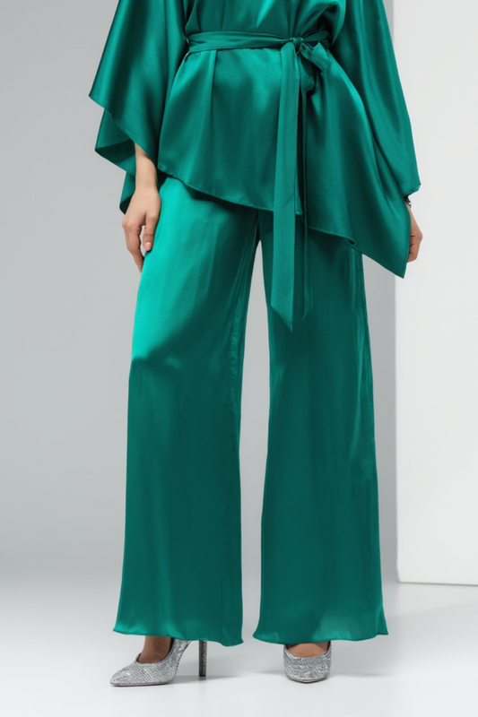 Evening Satin Pants Set Green Long Sleeve Waist Tie Two-Piece