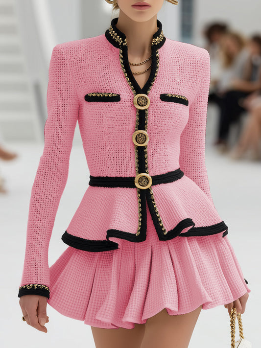 Elegant Urban High Quality Long Sleeve Top And Pleated Skirt Two Piece Set