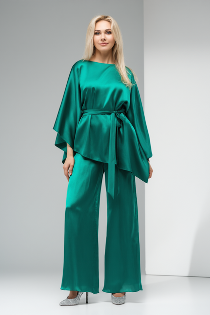 Evening Satin Pants Set Green Long Sleeve Waist Tie Two-Piece