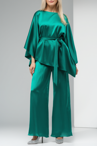 Evening Satin Pants Set Green Long Sleeve Waist Tie Two-Piece