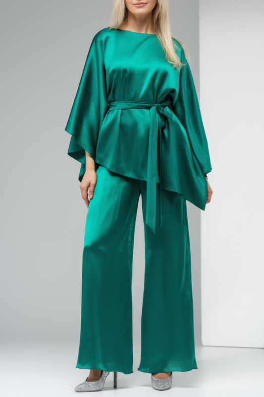 Evening Satin Pants Set Green Long Sleeve Waist Tie Two-Piece